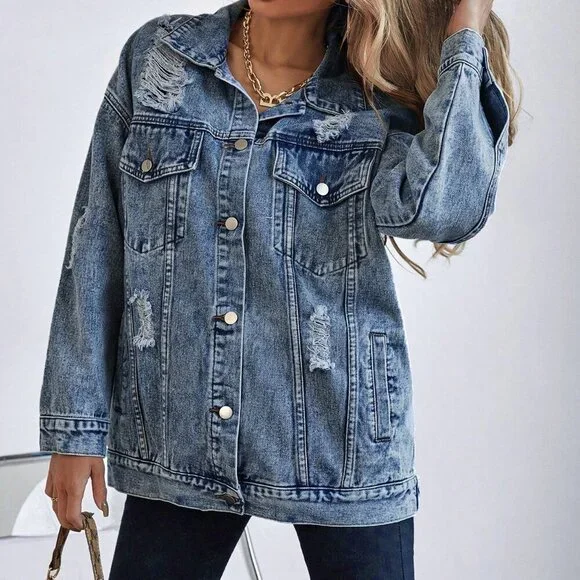 Light Wash Casual Women's Ripped Drop Shoulder Denim Coat - Picture 5 of 6